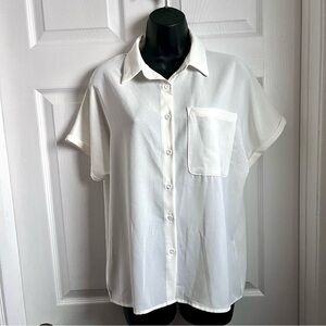 3/25$💥 White Blouse Top button down Large Women collared Short sleeve casual
